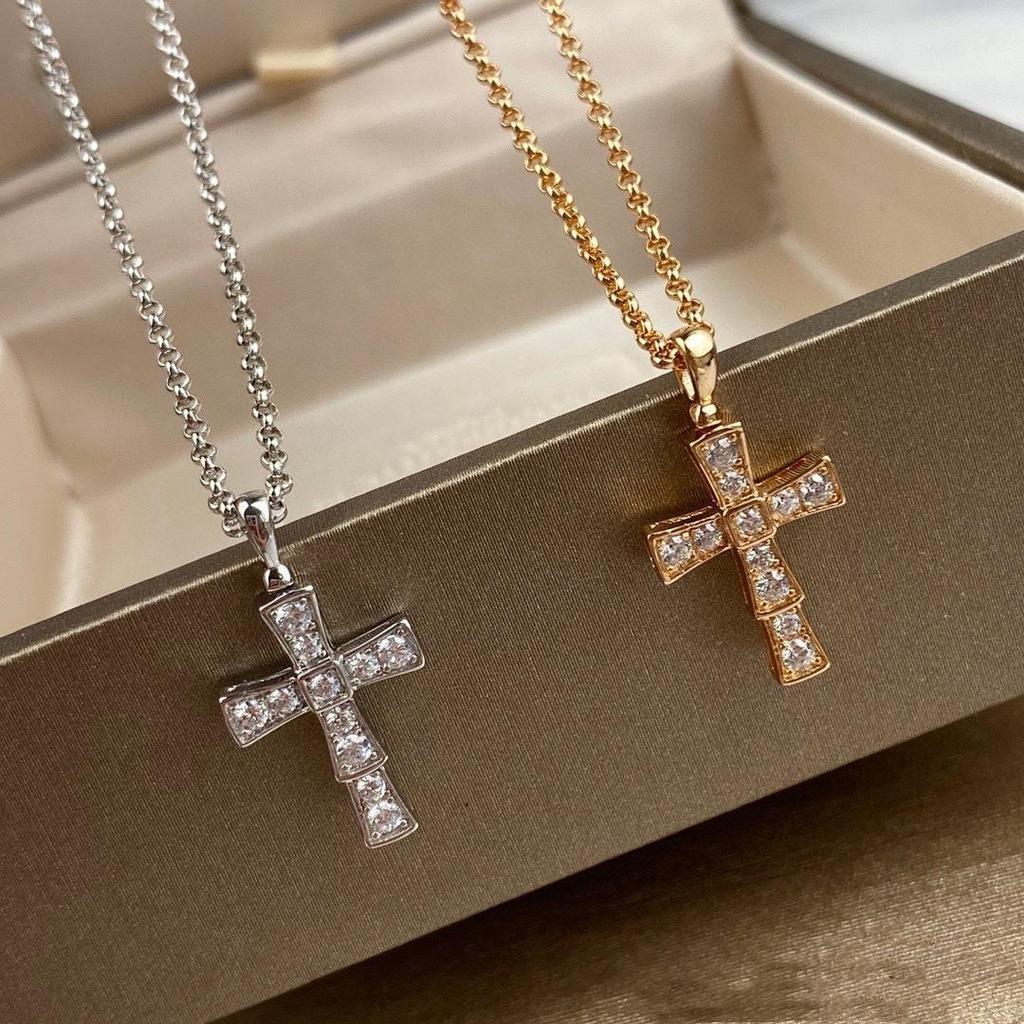NDL8 Platinum diamond plated18K Real gold snake bone cross necklace with diamonds, finely crafted cr
