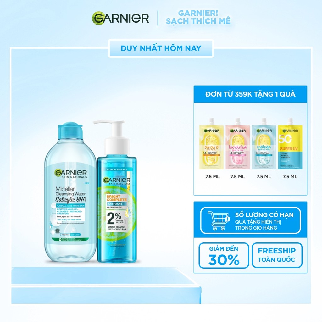 Bộ đôi Gel rửa mặt dịu nhẹ 2% [BHA, Vitamin C] & Nước tẩy trang BHA Garnier Bright Complete Anti-Acne (120ml x 400ml)