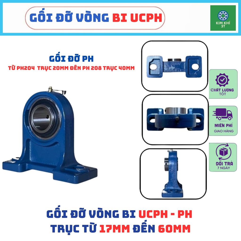 Gối đỡ vòng bi bạc đạn UCPH: PH204 PH205 PH206 PH207 PH208 gang đúc bền bỉ, chịu tải - Hàng chính hã