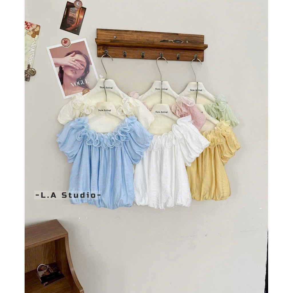 JANG STORE [ Hàng QC] Áo kiểu trễ vai cổ bèo tay cộc bo chun màu trơn 5954 jang store