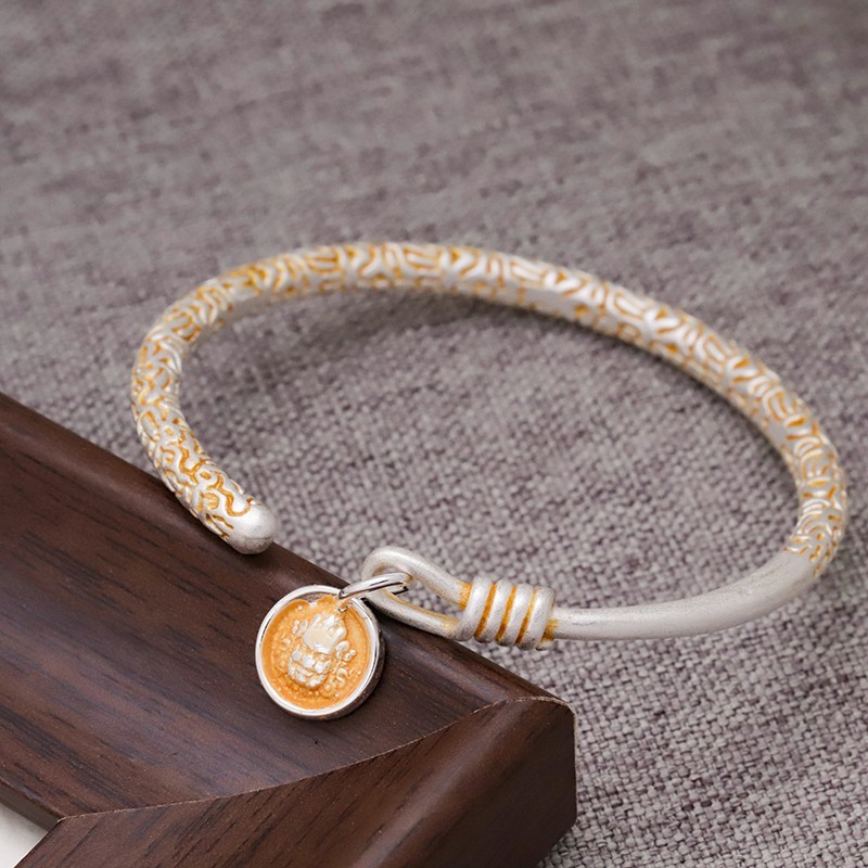 Bạc 925 Trang Sức Khắc Phương Pháp Cổ Vòng Tay Bạc 925 An Toàn Tốt Vận May Mở Vàng Vẽ Vòng Tay Bạc 9