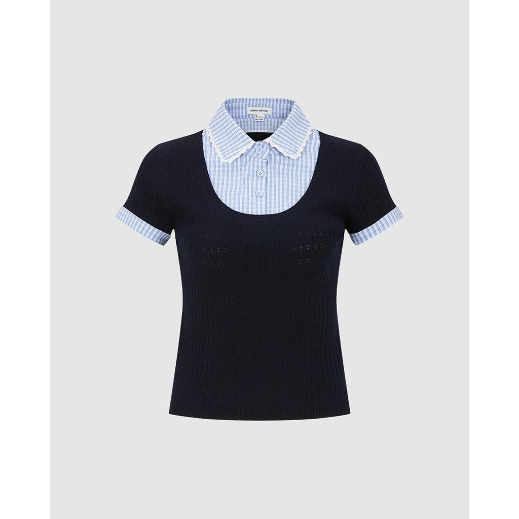 URBAN REVIVO - Áo dệt kim nữ cổ bẻ tay ngắn phối layer_UYU960064-L8A