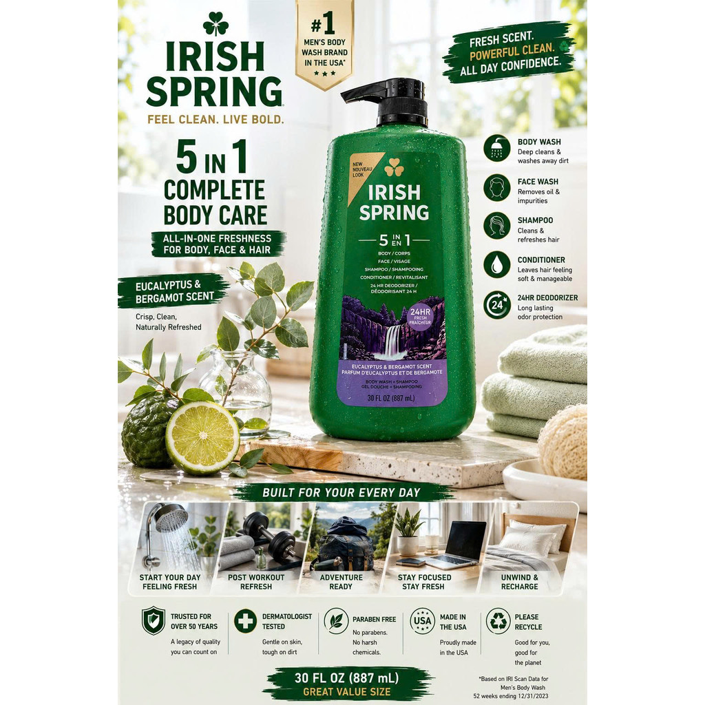 Sữa Tắm Gội Khử Mùi Nam Irish Spring 5 in 1 Chai 887ml