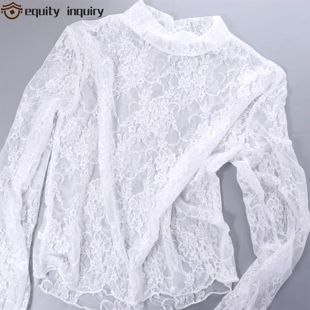 QUẦN YÊU THÍCH Áo ren đáy, Áo lưới dài tay thêu cổ cao nửa cổ cao, Áo lót hoa Ins Hollow Ladys