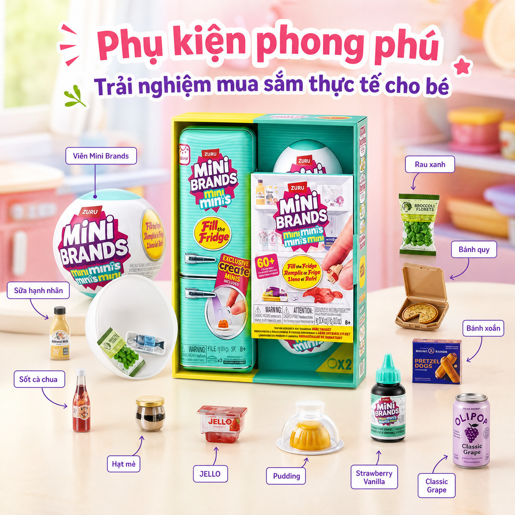 ZURU Fill the Fridge Mini Brands Combo Tủ Lạnh Đồ Chơi Mini An Toàn Chất Liệu Cao Cấp,Với Nhiều Phụ 