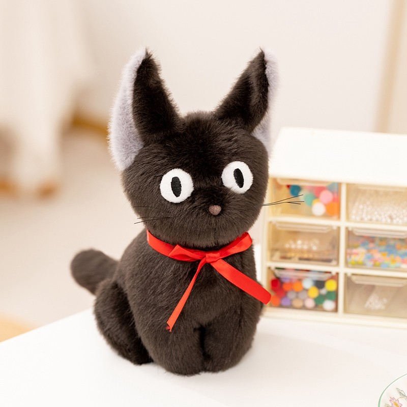 Ấm cúng Jiji Mèo Đen Sang Trọng Đồ Chơi Kawaii Anime Mèo Đen Thú Nhồi Bông Trắng Mắt Lớn Nơ Đỏ Màu X