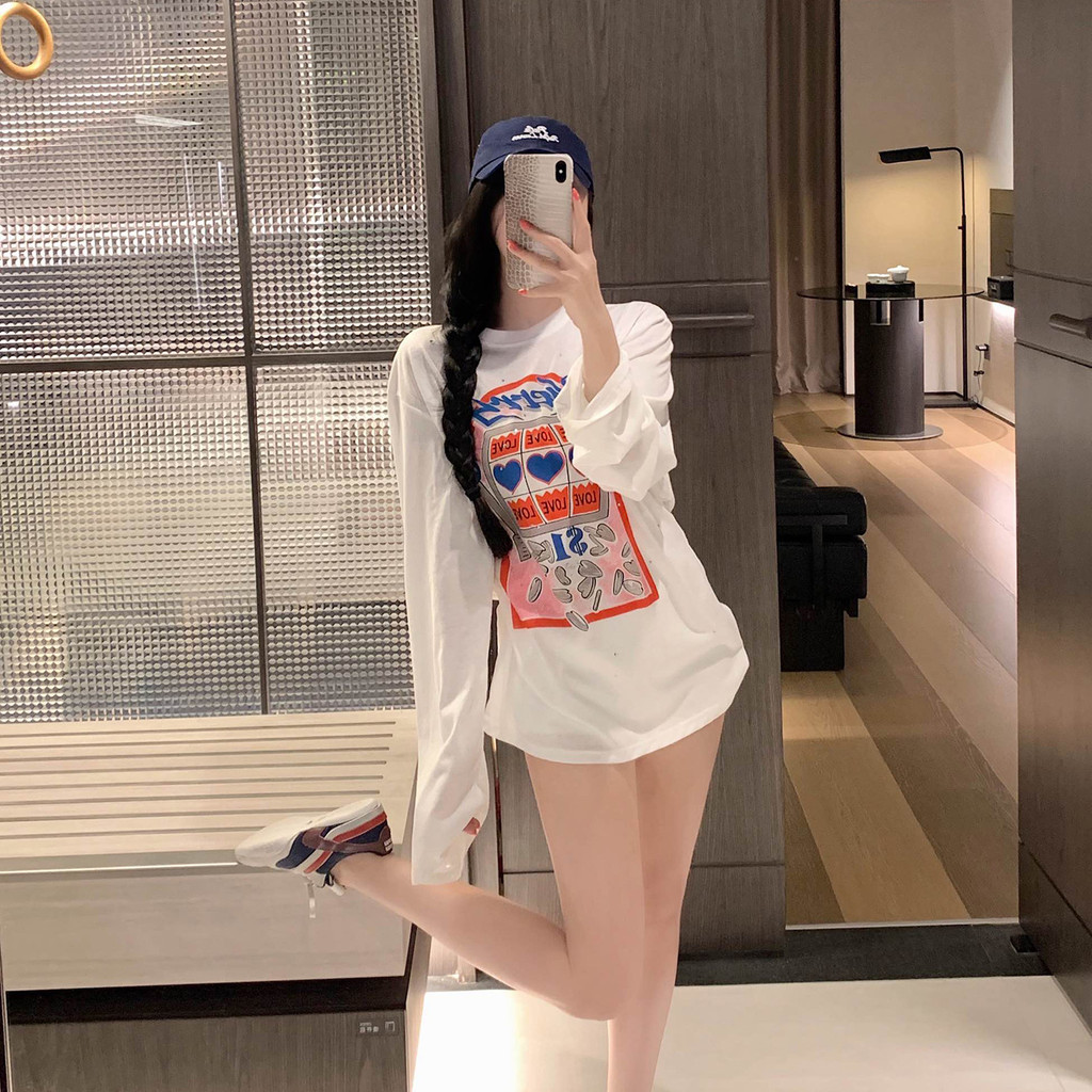 Retro Cherry Slot Machine Print Rhinestone Sunscreen Shirt for Women, Loose and Casual Long Sleeve T