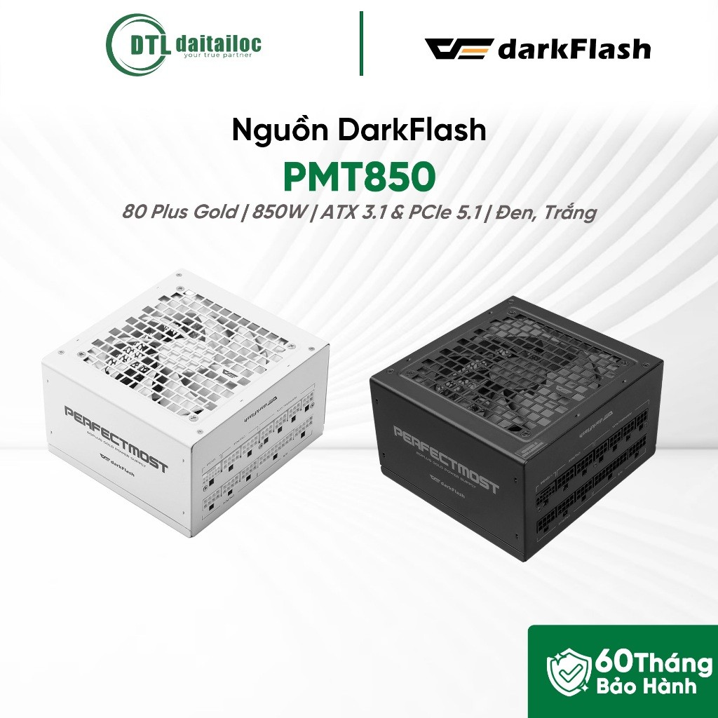 Nguồn DarkFlash PMT850 850W 80 plus Gold Màu Đen Trắng Hiệu suất mượt mà | Chính hãng | Bảo hành 60 