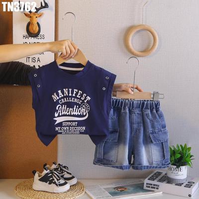 Set Bộ Quần Áo Bé Trai Áo Ba Lỗ Sát Nách In Chữ Quần Short Jean Túi Hộp Cá Tính MINTSCLOSET TN3762