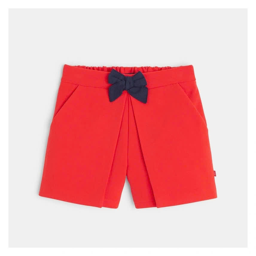 Quần short kaki đỏ phối nơ hàng Okaidi xuất cho bé