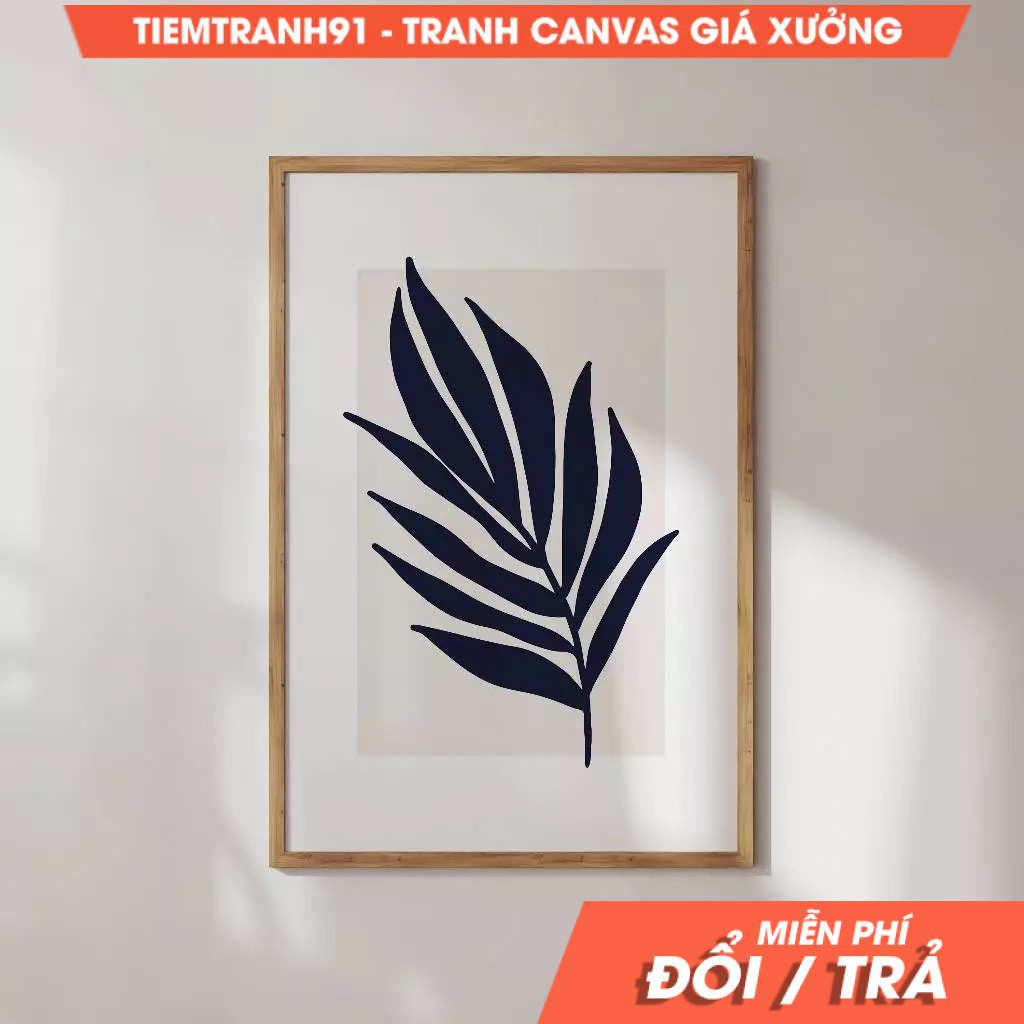 Tranh treo tường, Abstract Palm Leaf Dark Navy Botanical Print, Minimalist Tropical Organic Silhouet