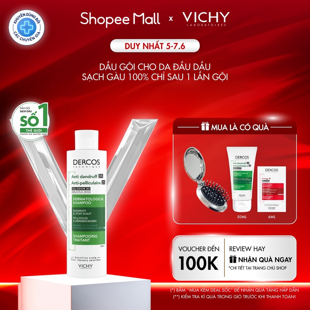 Dầu gội sạch gàu Dercos VICHY 100% chỉ sau 1 lần gội dành cho da dầu & ngứa, SỐ 1 Việt Nam chuyên gia khuyên dùng 200ml