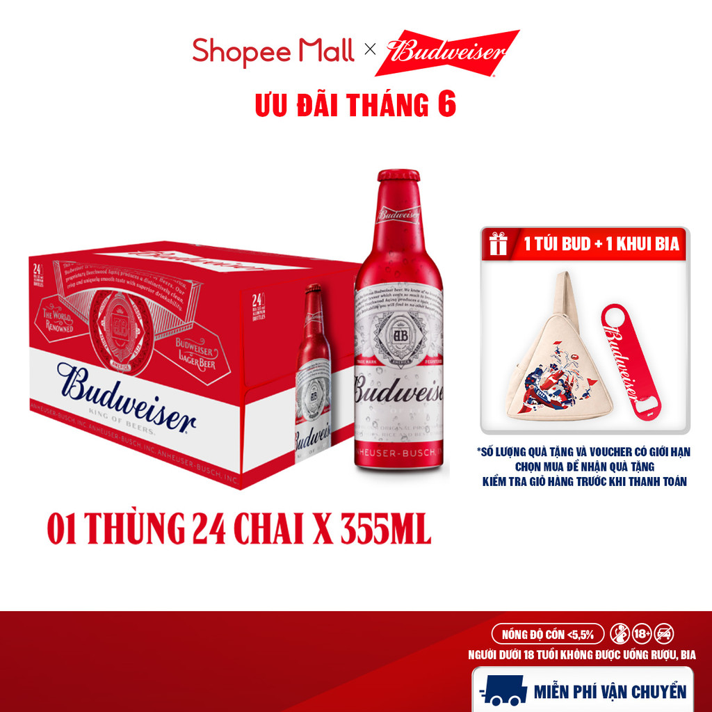 [MỚI] Thùng 24 Chai Aluminum Bia Budweiser Chính Hãng (355ml/ chai)
