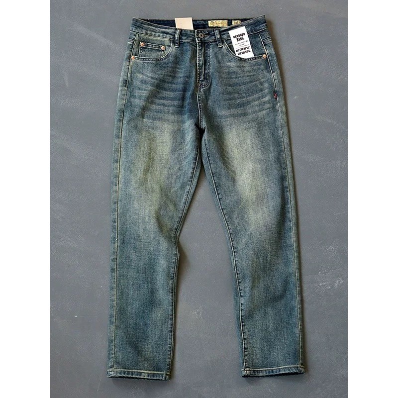 Nặng Nguyên Chất Cotton Thẳng Quần Jean Retro Đau Khổ Trắng Rửa Mỹ Nam Thanh Niên Quần Ami Kaki