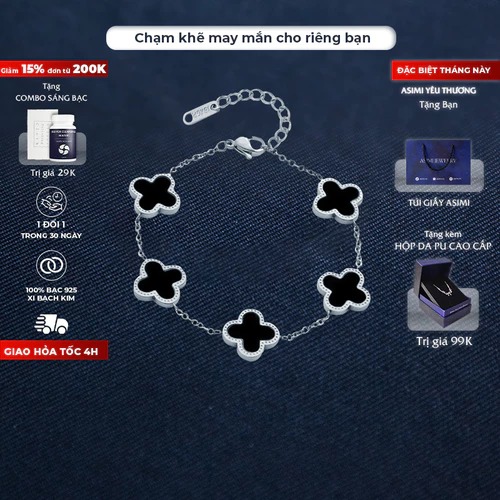 Lắc tay bạc mặt đá cỏ 4 lá Asimi Lucky Line LT17