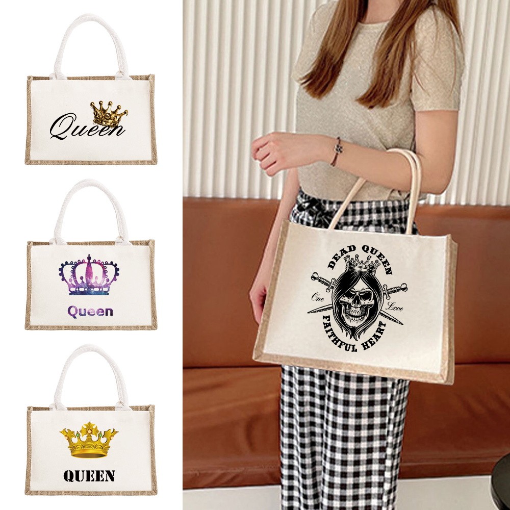 Beach Burlap Tote Bags Queen Print Personalized Bridesmaid Bridal Party Girls Trip Gifts Jute Tote S
