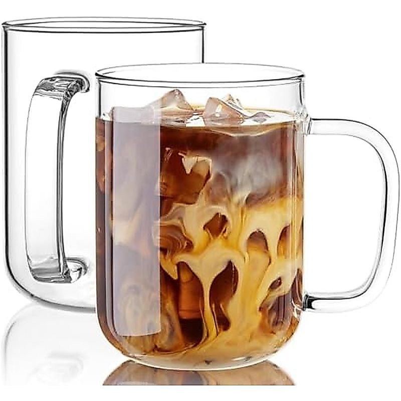 Glass Coffee Mugs, 20 oz Ice coffee cups, Large Clear Tea Cups Set of 2, Glass Mugs with Handles, Gl
