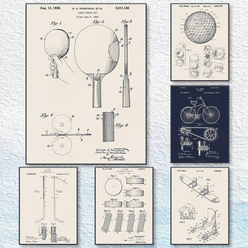 Vintage Thể Thao Bằng Sáng Chế Blueprint Bộ Nghệ Thuật Treo Tường Bóng Bàn Golf Xe Đạp Trượt Tuyết K