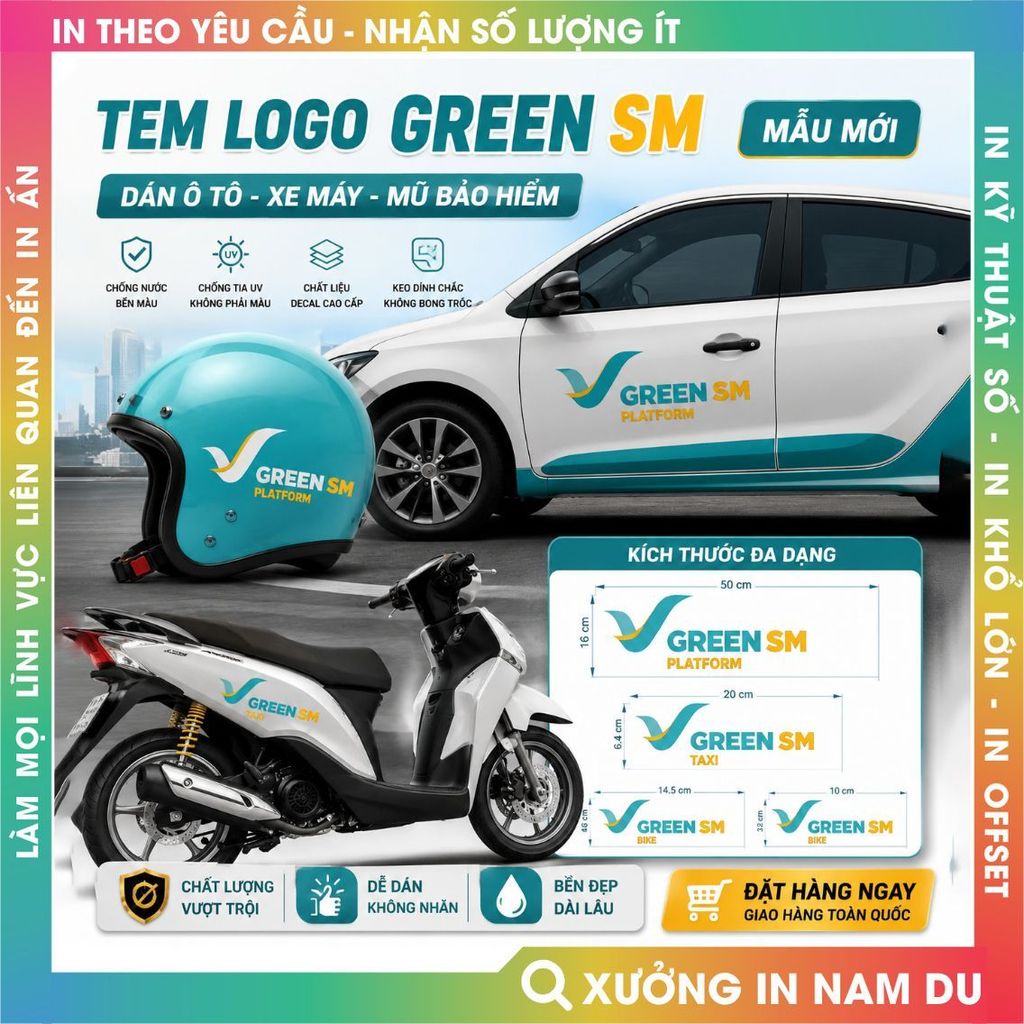 Tem Logo Green SM Dán Không Nền, Mẫu mới của Xanh SM, dán Ôtô, Xe máy, Mũ Bảo Hiểm