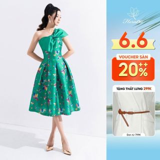 Đầm dạ hội nữ HeraDG thiết kế dáng xòe nơ ngực phối 1 màu, họa tiết hoa lan độc quyền, chất liệu tafta cao cấp WDPBB6068