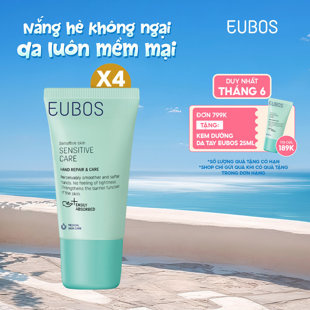 COMBO 4 Kem Dưỡng Da Tay và Móng EUBOS Giúp Mềm Mịn, Dưỡng Ẩm An Toàn Cho Da Nhạy Cảm Tuýp 25ml x4