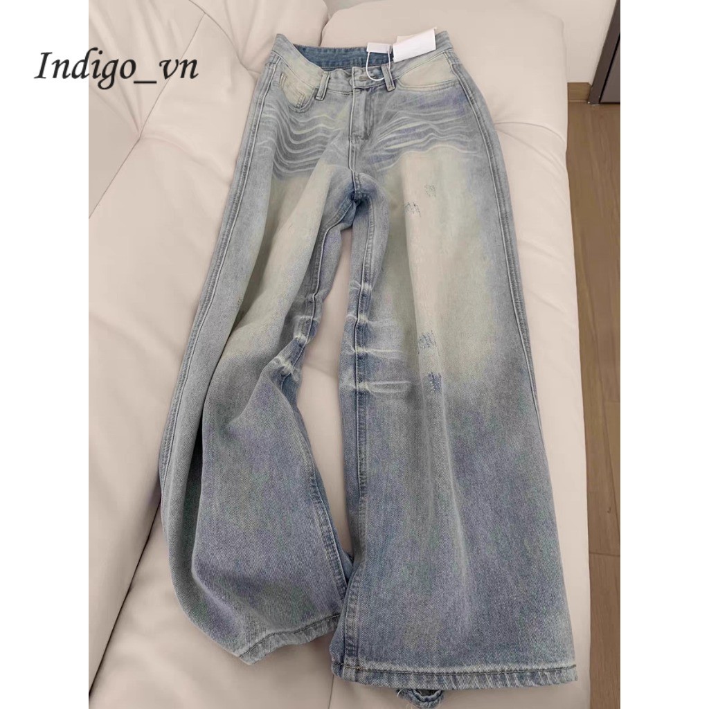 【Indigo】 Quần Jean Nữ Ống Rộng Ống Đứng Cạp Cao