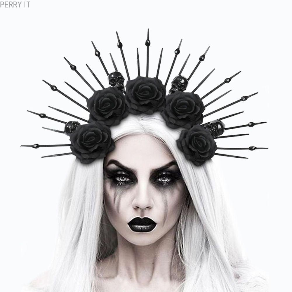 PERRYIT Skull Rose Veil Headband, Party Attire Skull Halloween Skull Hair Hoops, Horrible Black Rose