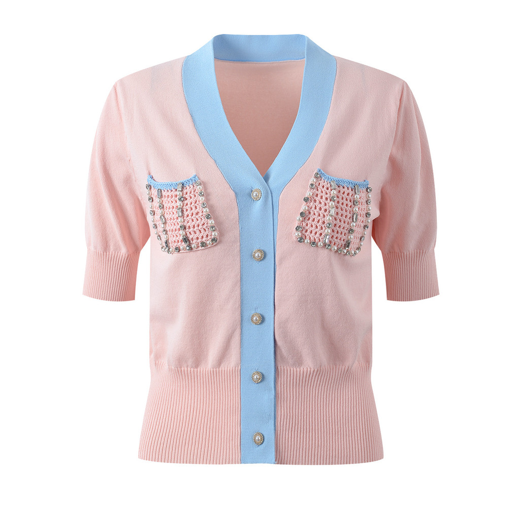 ACL5 Self-Portrait 2024Summer New Short Sleeve V Collared cardigan with puff sleeves, double pockets