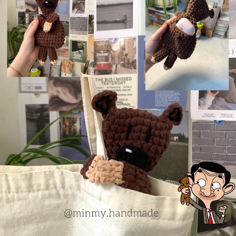 Túi mini hình gấu teddy mr bean ôm quai xách len handmade/crochet mr bean teddy handmade
