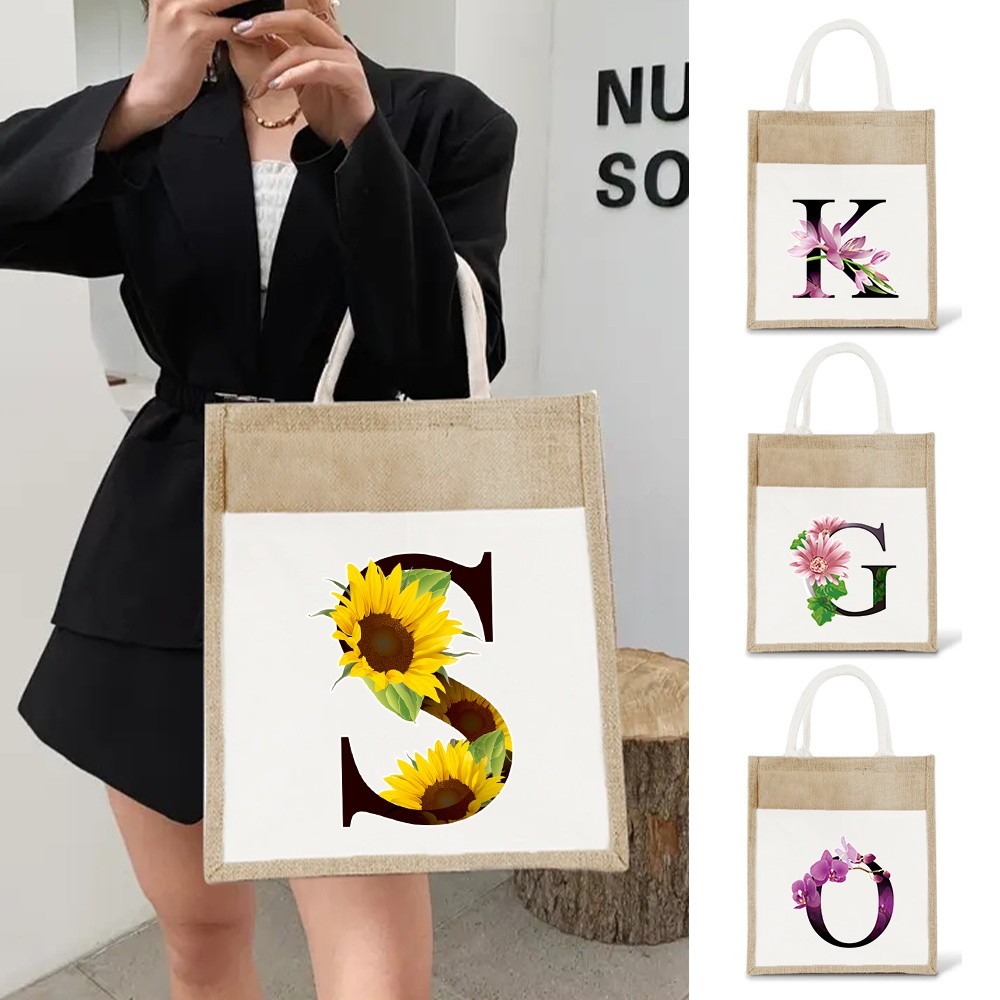 Jute bag Women Shopping Bag Flower Print Cotton New Female Eco Tote Bag Cloth Bag letter