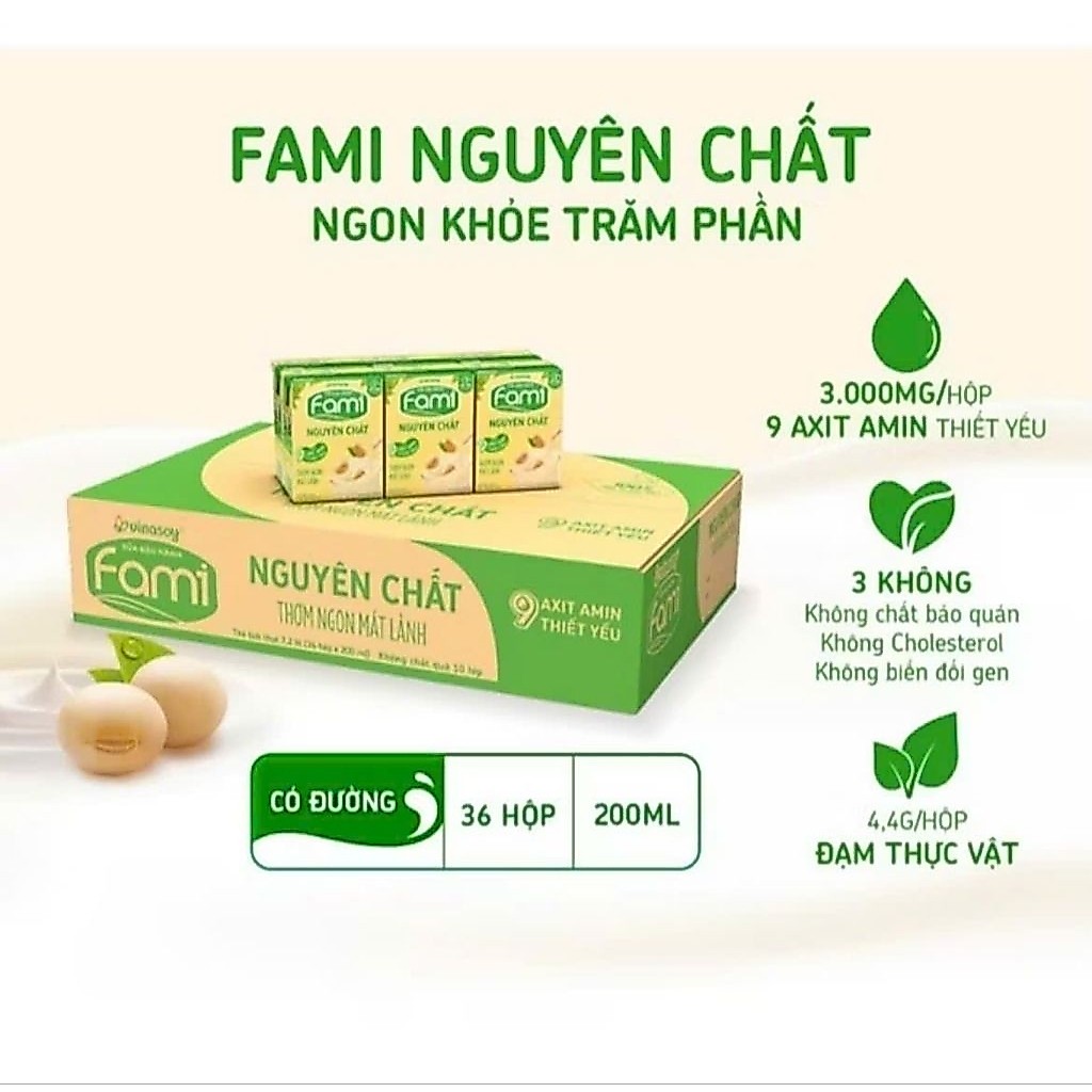 Thùng sữa đậu nành Fami 36 hộp x 200ml vị đường đen, đậu đỏ, dừa, canxi, nguyên chất.