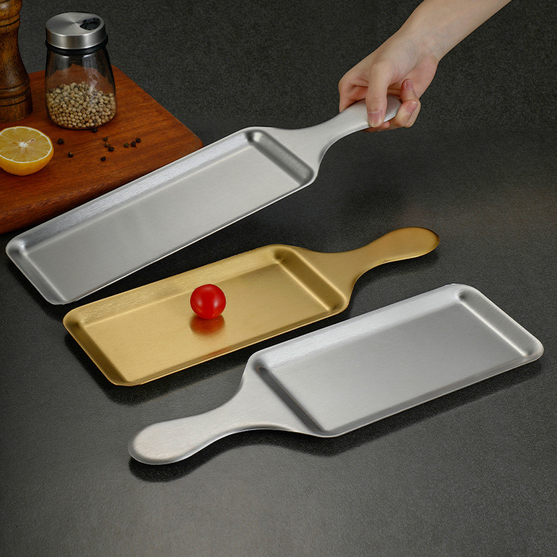 New Product~Korean-style stainless steel rectangular plate with handle gold BBQ plate, flat-bottomed