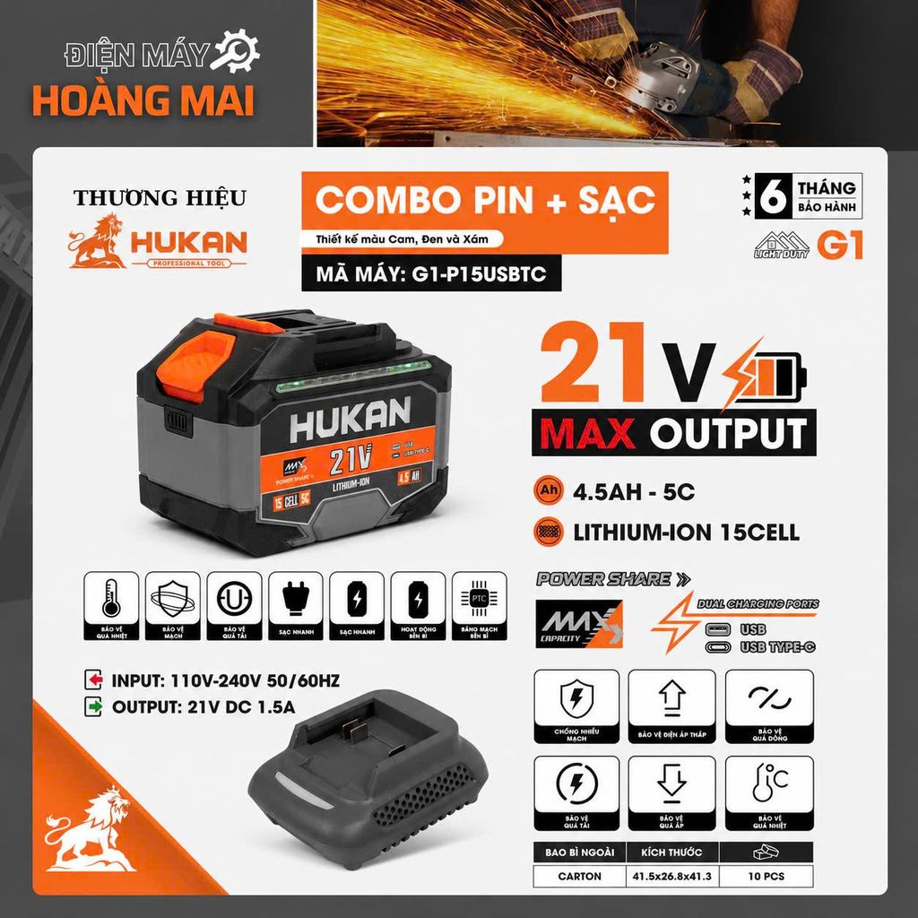 [CỔNG USB & TYPE C] Combo Pin 15 Cell HUKAN G1-P15USBTC, Pin 15 Cell 4.5Ah, Chân Pin Phổ Thông M21