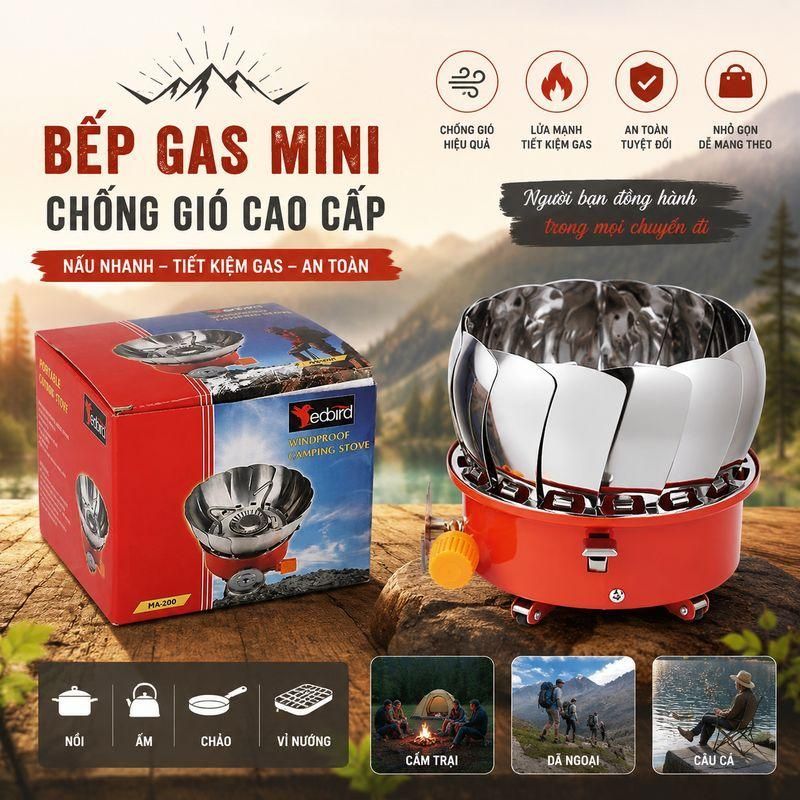 Bếp Ga Mini Du Lịch Xếp Gọn Có Vòng Chắn Gió Sử Dụng Ngoài Trời Camping bepgas
