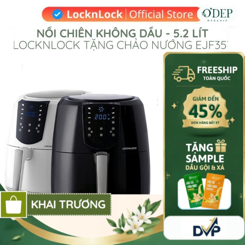 Nồi chiên không dầu điện tử 5,2L LocknLock Chính hãng, Kèm chảo nướng bánh EJF357BLK 1800W - SHOP DV
