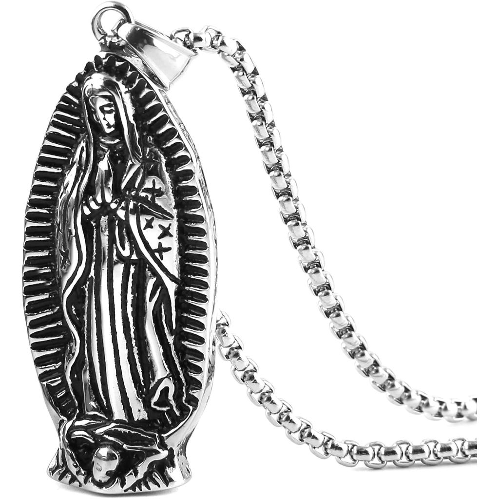 HZMAN Thép không gỉ Đức Mẹ Maria - Mặt dây chuyền Lady of Guadalupe Necklac với dây chuyền lúa mì bằ
