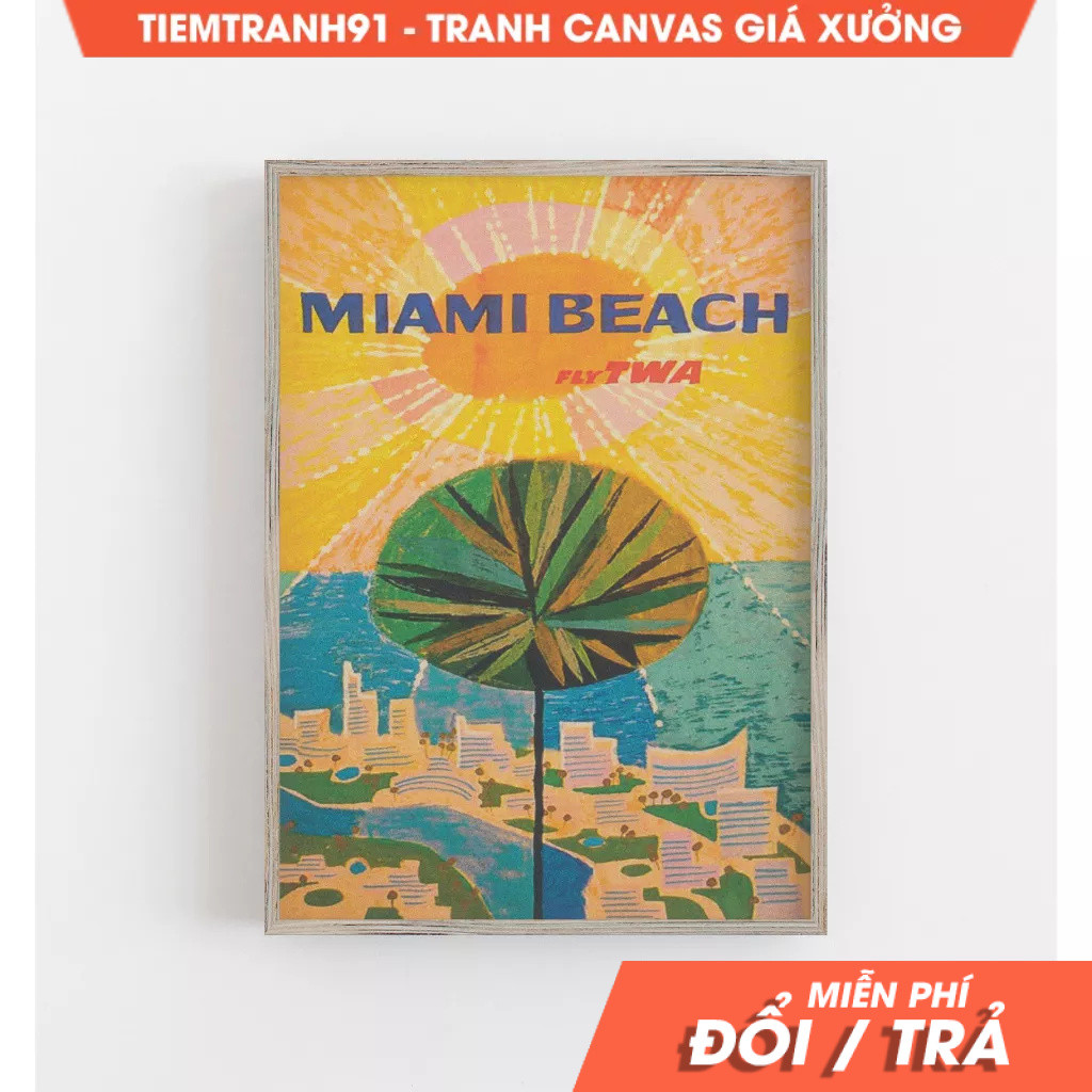 Tranh treo tường, Miami Beach Print, Vintage Wall Art, Miami Travel Poster, Florida Print, tặng kèm 