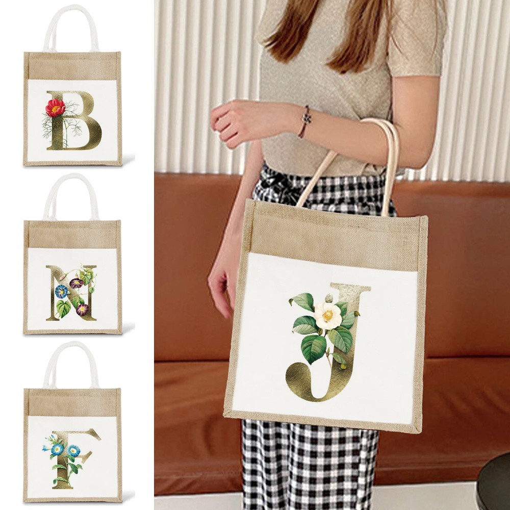 Jute bag Portable Imitation Sacks Golden Flower Letter Shopping Bags Laminated Bags Tote Bags