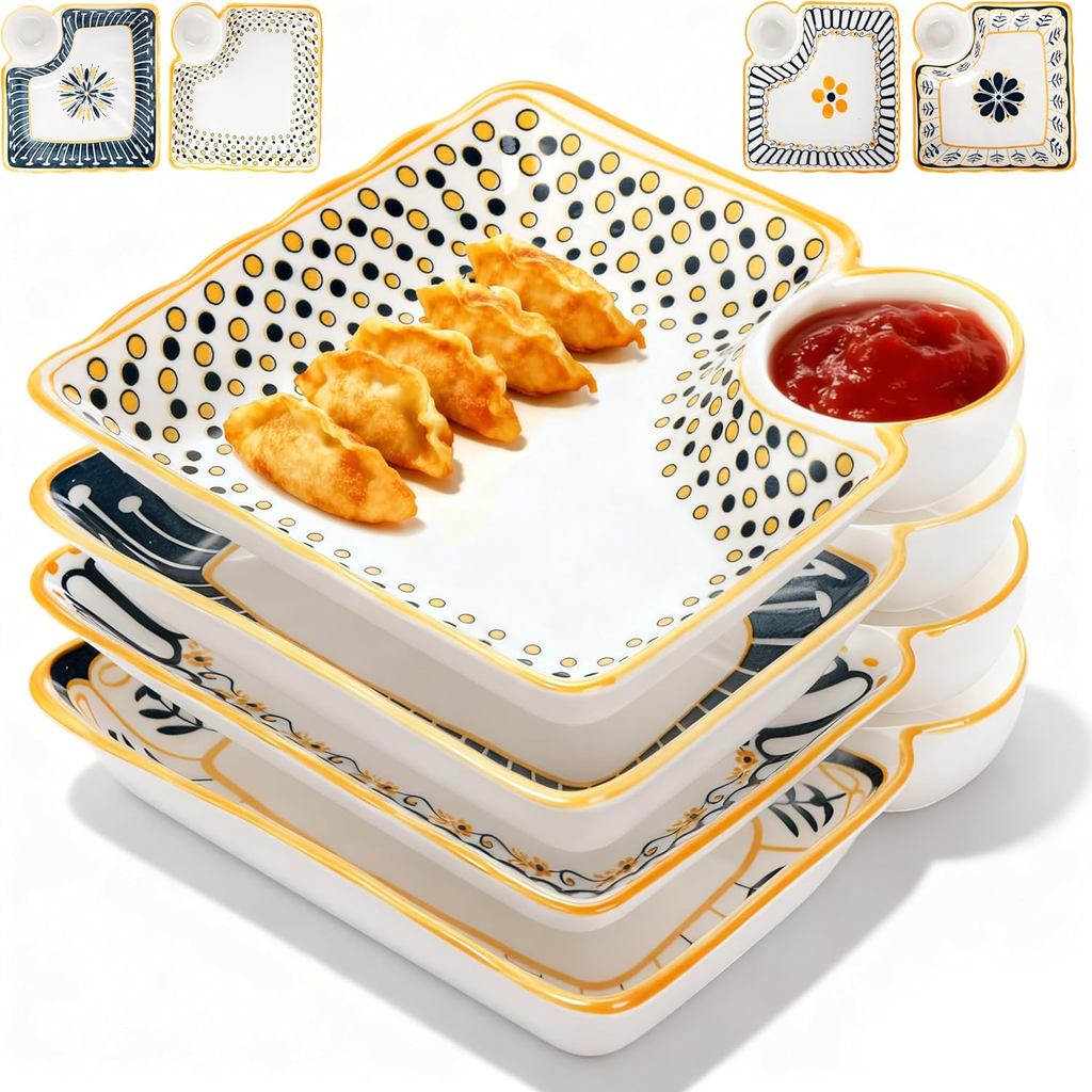 4 Gói Đĩa Bánh Bao Kèm Đĩa Nhúng, Đĩa Sushi Nhật Bản 7.5 "Gốm Sứ, Đĩa Phục Vụ Vuông Nhiều Màu Sắc Có
