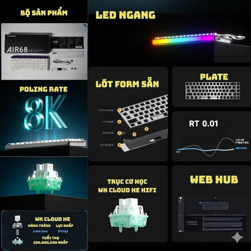 Bàn phím cơ Rapid Trigger Weika Air68 - Tần số 8K HZ - LED RGB - Web Hub - RT 0,01 - Lót full foam - Plate FR4 | BigBuy360 - bigbuy360.vn