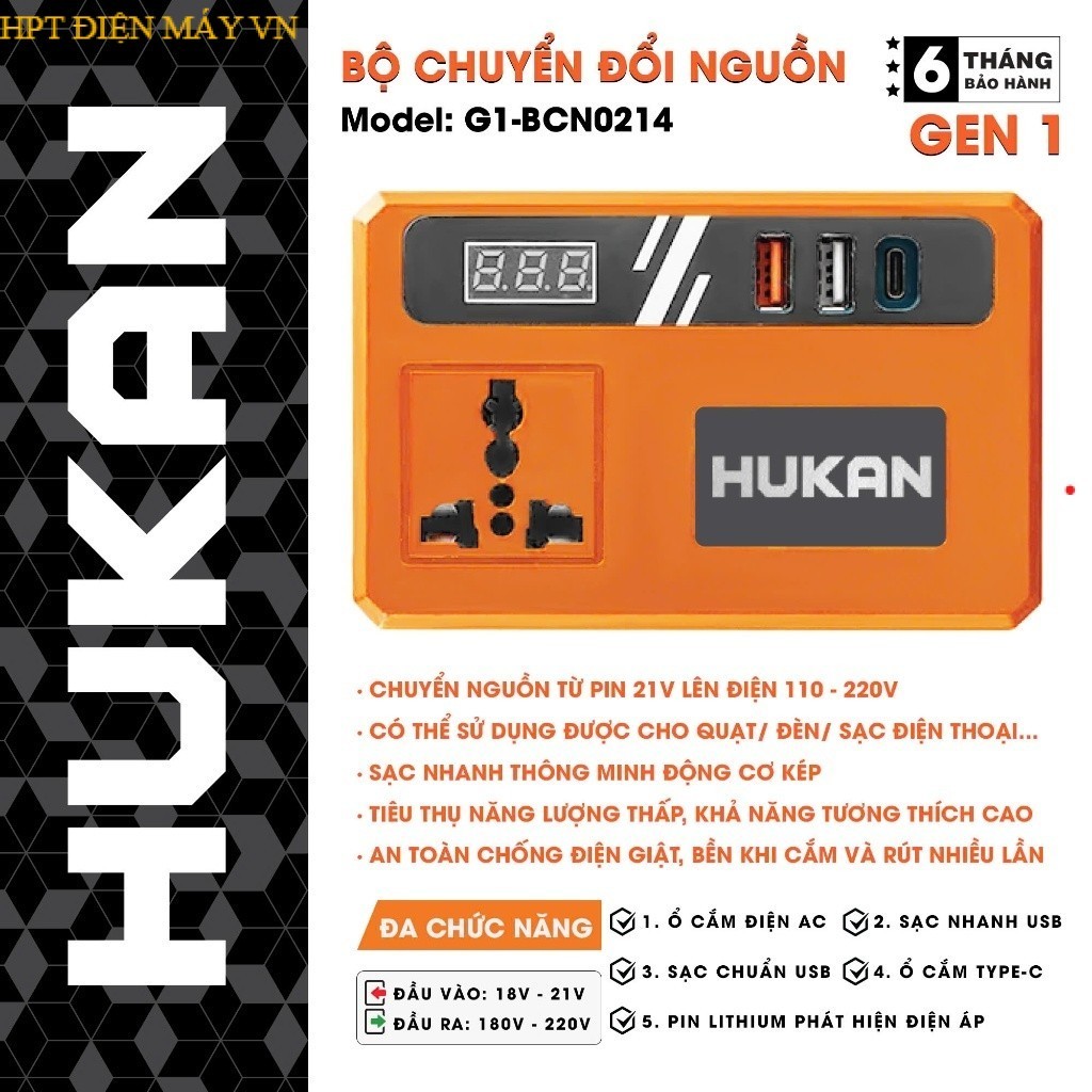 Đế chuyển đổi nguồn điện HUKAN G1-BCN0214, Màn led hiển thị điện áp, sạc điện thoại... HPT ĐIỆN MÁY