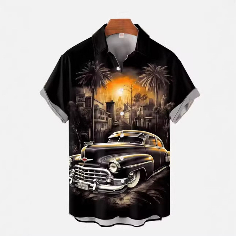 1970s-1980 Retro Xe Áp Phích Hawaii Đi Biển Denim In Áo Sơ Mi Nam Tay Ngắn