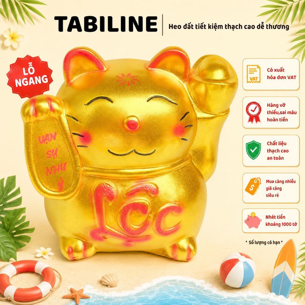 Heo đất ống tiết kiệm tiền lỗ ngang mèo thần tài size to vàng đồng vip LD77 - TABILINE