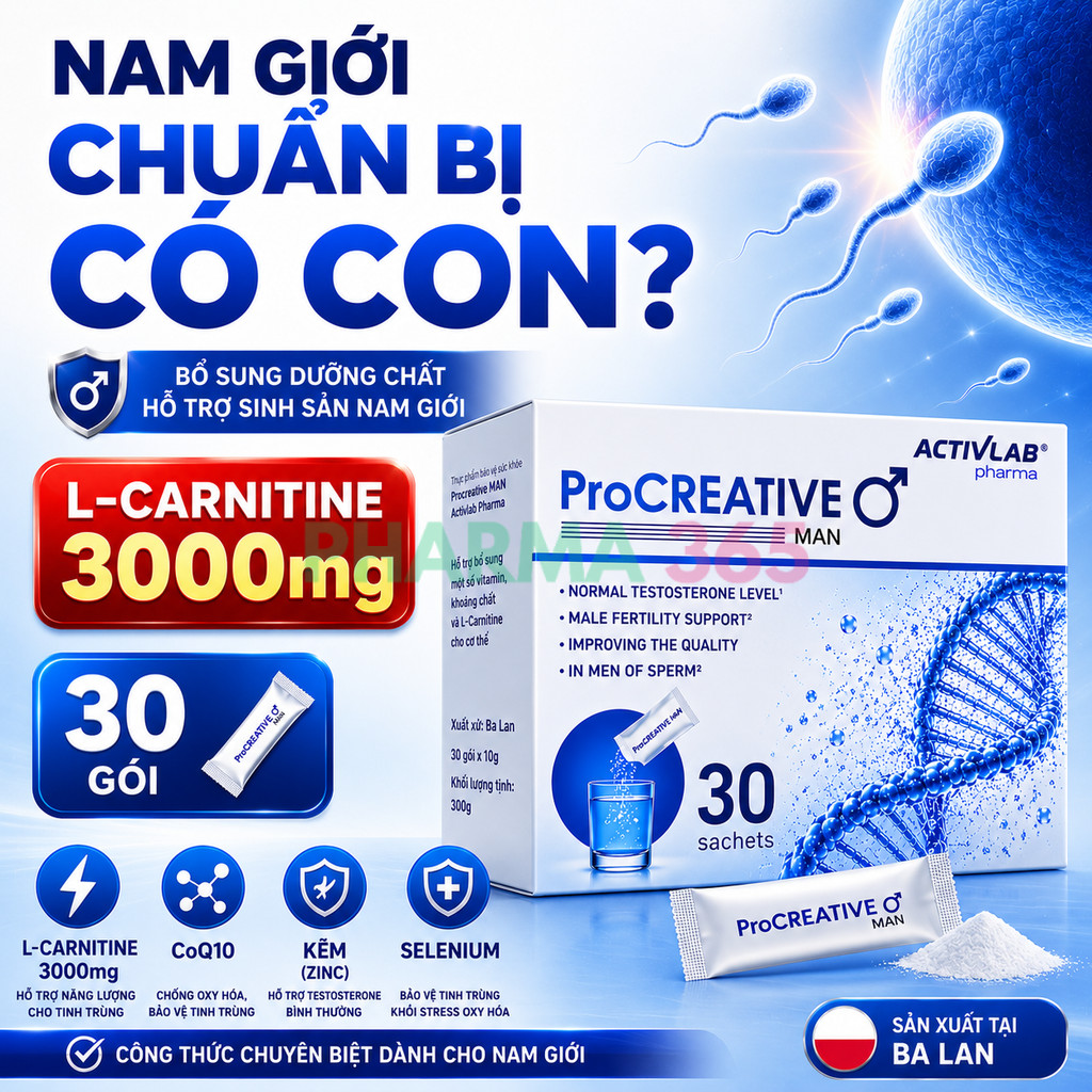 ProCREATIVE MAN 30 Gói - L-Carnitine 3000mg, CoQ10, Kẽm, Selenium, Nam Giới Chuẩn Bị Có Con