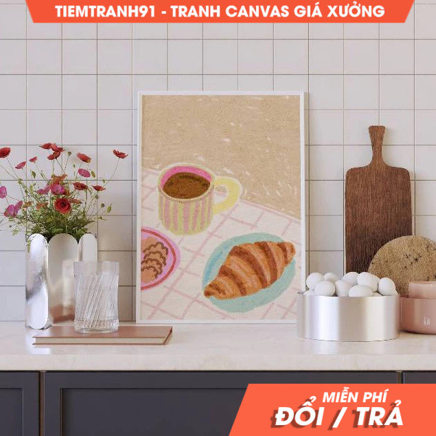 Tranh treo tường,Coffee and Croissant Illustration, Colorful, Still Life Illustration, Printable Art