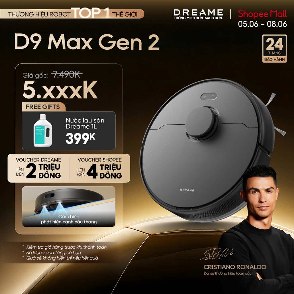 Dreame D9 Max Gen 2 - Robot Hút Bụi Lau Nhà Thông Minh, Lực Hút 6000Pa, Kích Thước 350x350x96.8mm