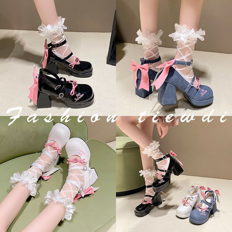 Cô Gái Gothic Ngọt Ngào Phong Cách Nhật Bản Giày Chống Thấm Nước Nơ Giày Cao Gót Dopamine h530