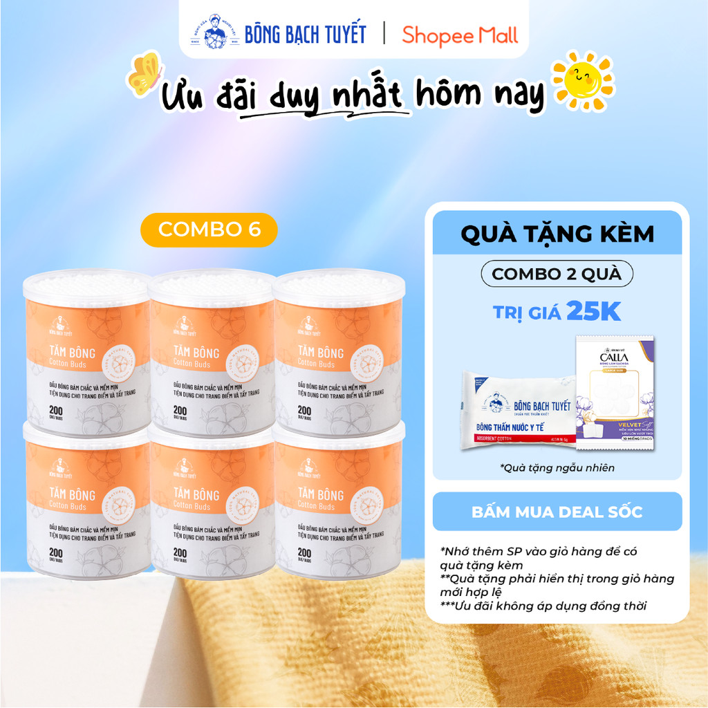 Combo 6 Hộp tăm bông Bông Bạch Tuyết người lớn (200 que/hộp tròn)