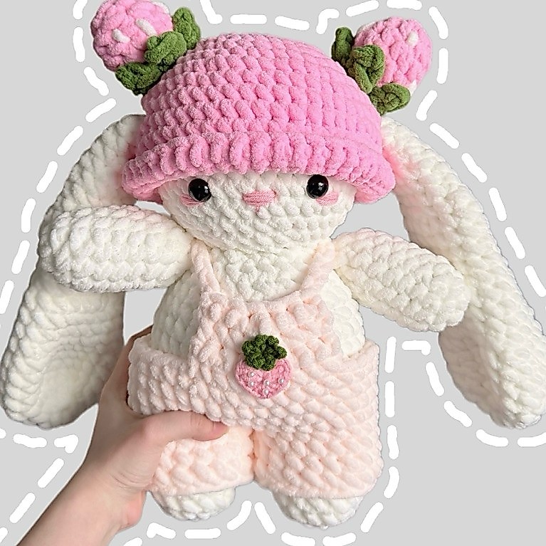 [LEN NHUNG ĐŨA] [Ảnh shop tự chụp] Thỏ yếm dâu tai dài bằng len nhung đũa cao 35cm