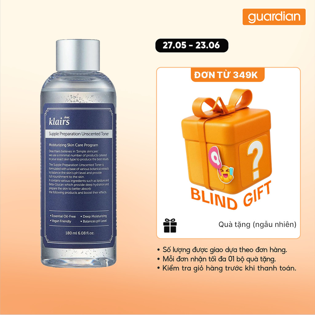 Nước Hoa Hồng Không Mùi Dưỡng Ẩm & Làm Mềm Dear, Klairs Supple Preparation Unscented Guardian 180Ml